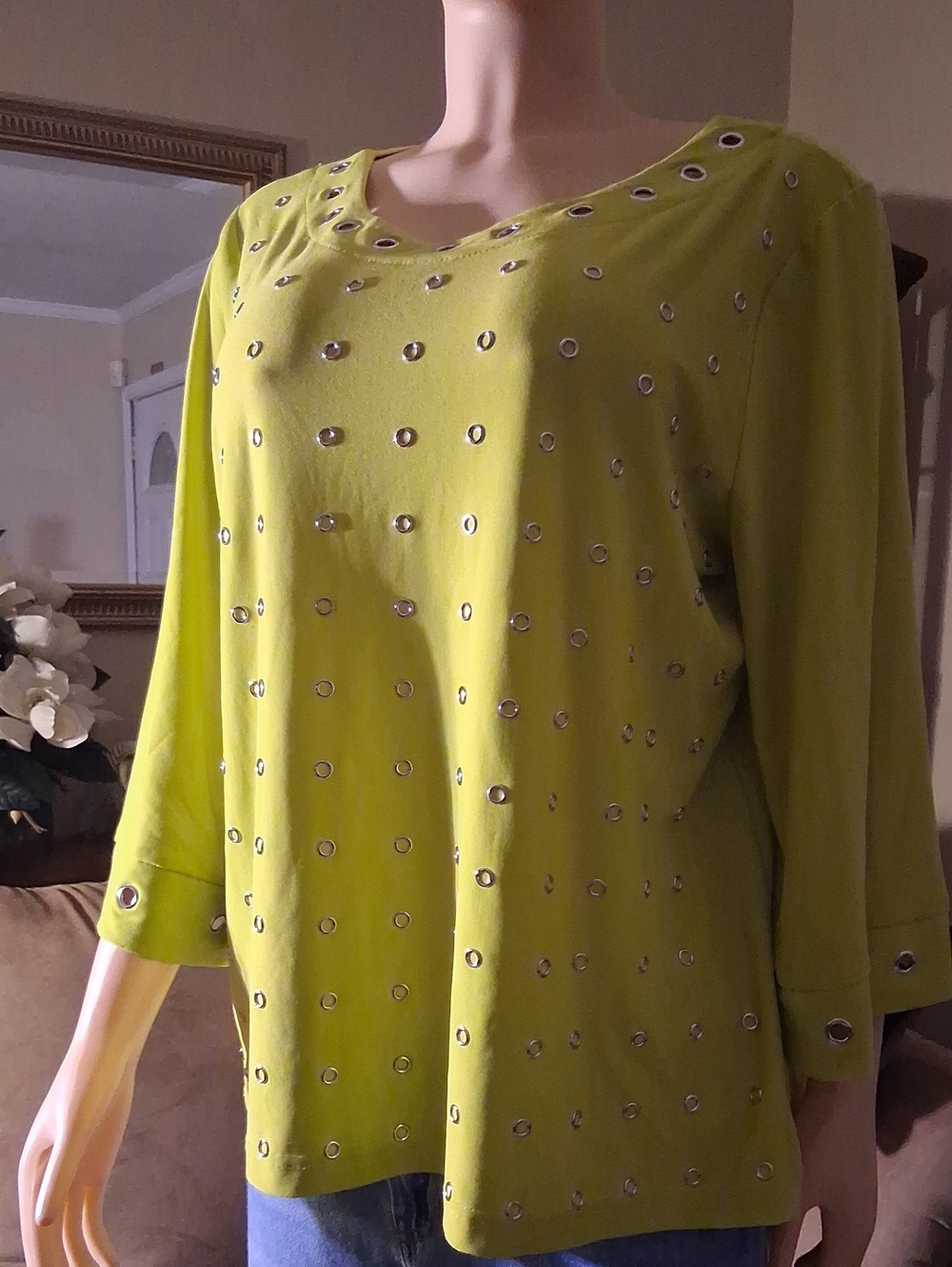 Ashley Stewart Lime Green Eyelet-Stud Long Sleeve Top